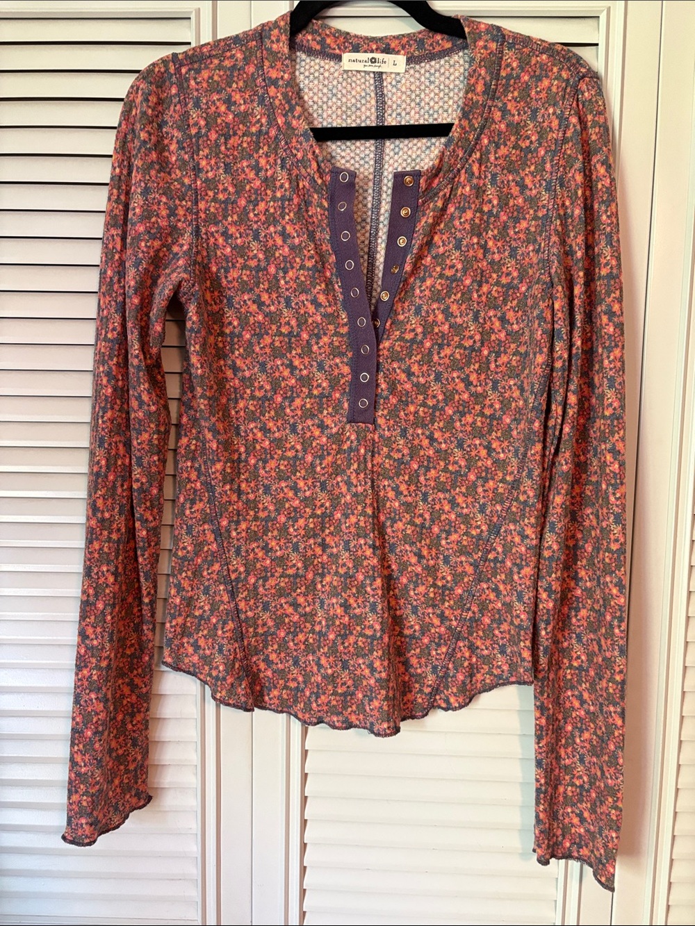 Natural Life Reagan Thermal Henley Long Sleeve Shirt Purple & Coral-Pink Size L - Picture 2 of 7